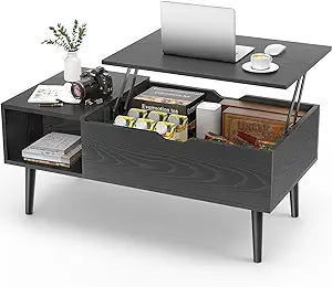 Coffee Table Black, Lift Top Coffee Tables for Living Room, Small Rising Wooden Dining Center Tables with Storage Shelf and Hidden Compartment